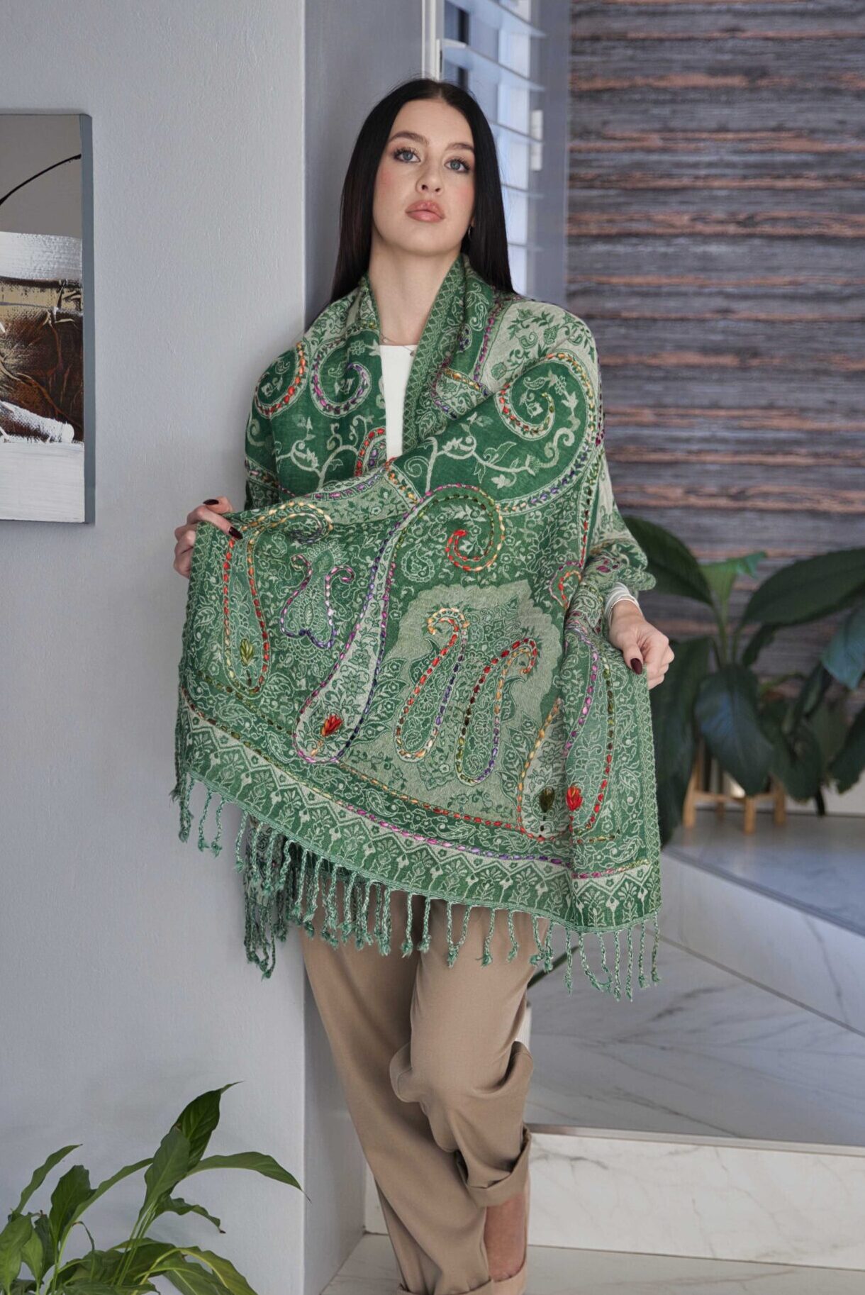 Thick Merino Wool Scarf With Embroidery - Image 2