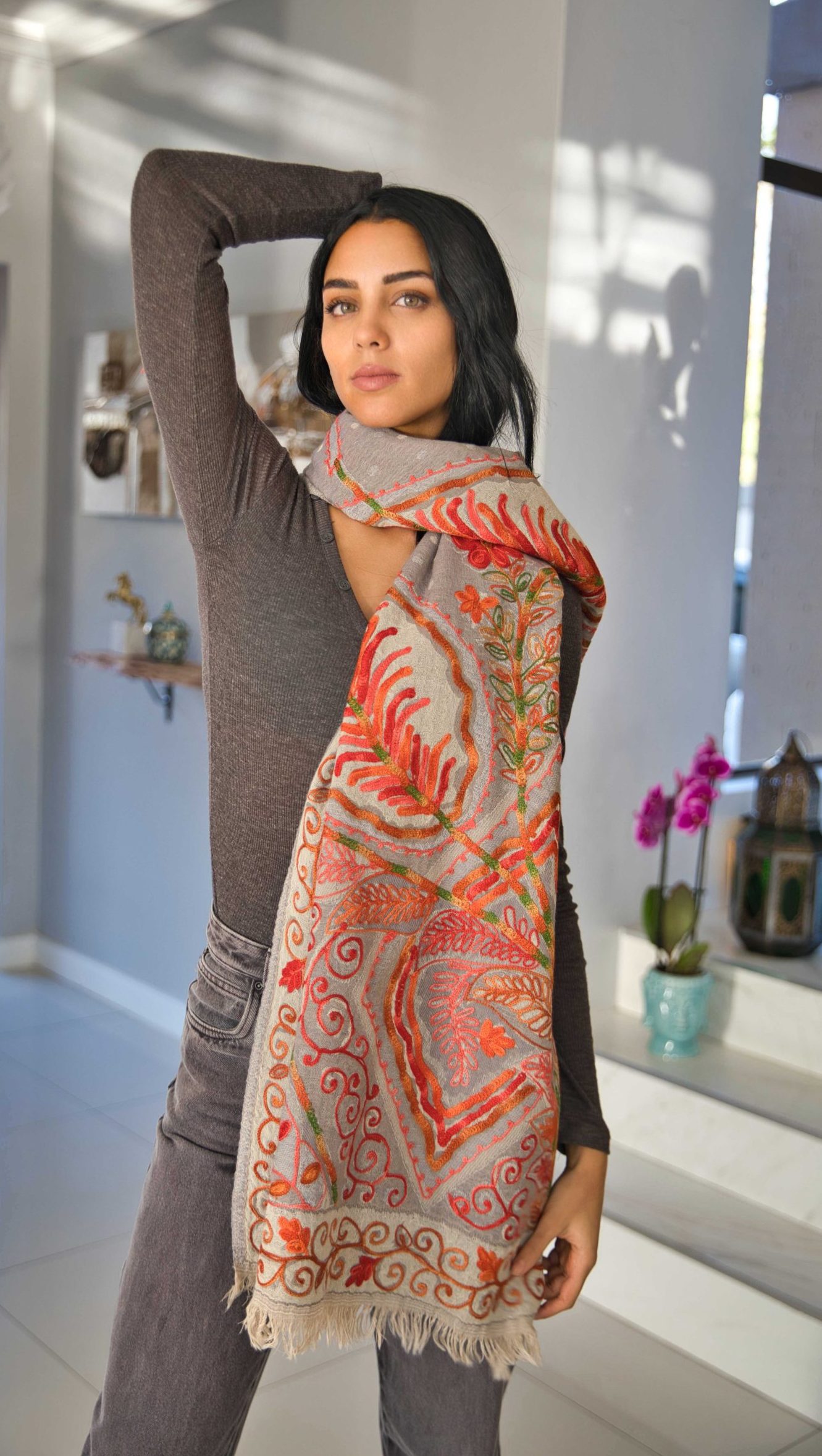 Luxury Wool Wrap with Textured Aari Embroidery - Image 2