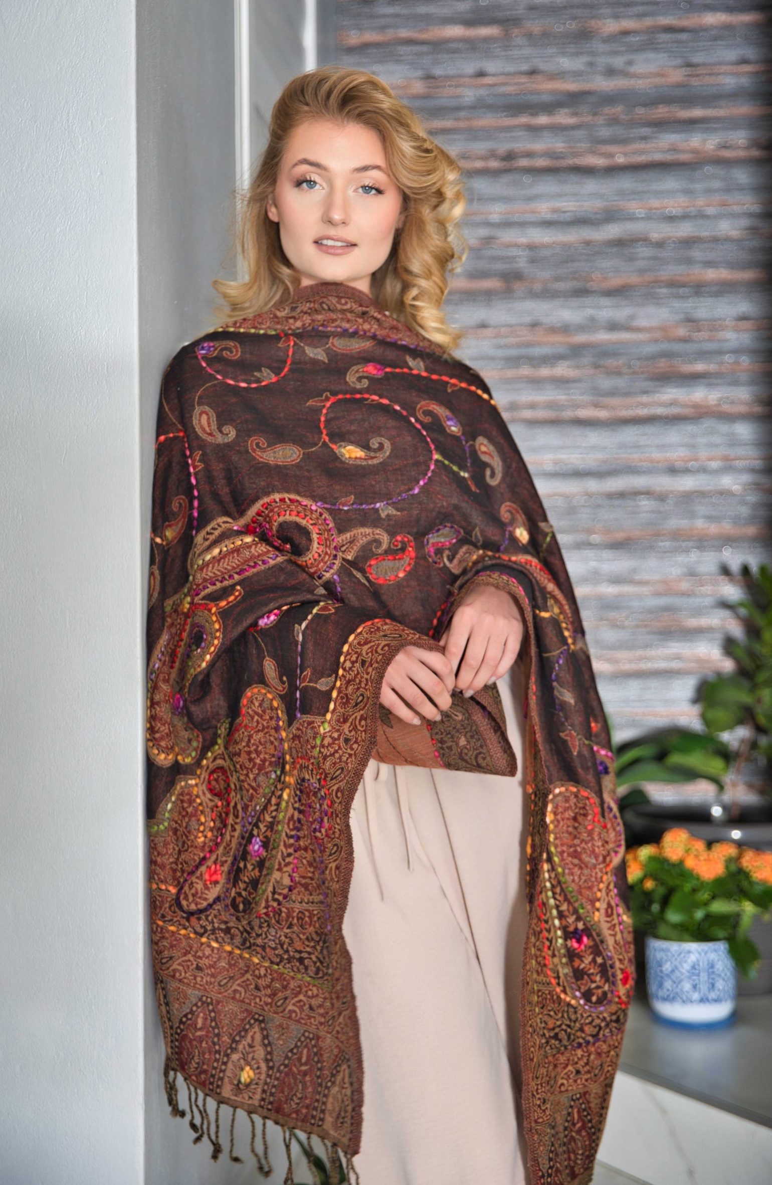 Thick Merino Wool Scarf With Embroidery