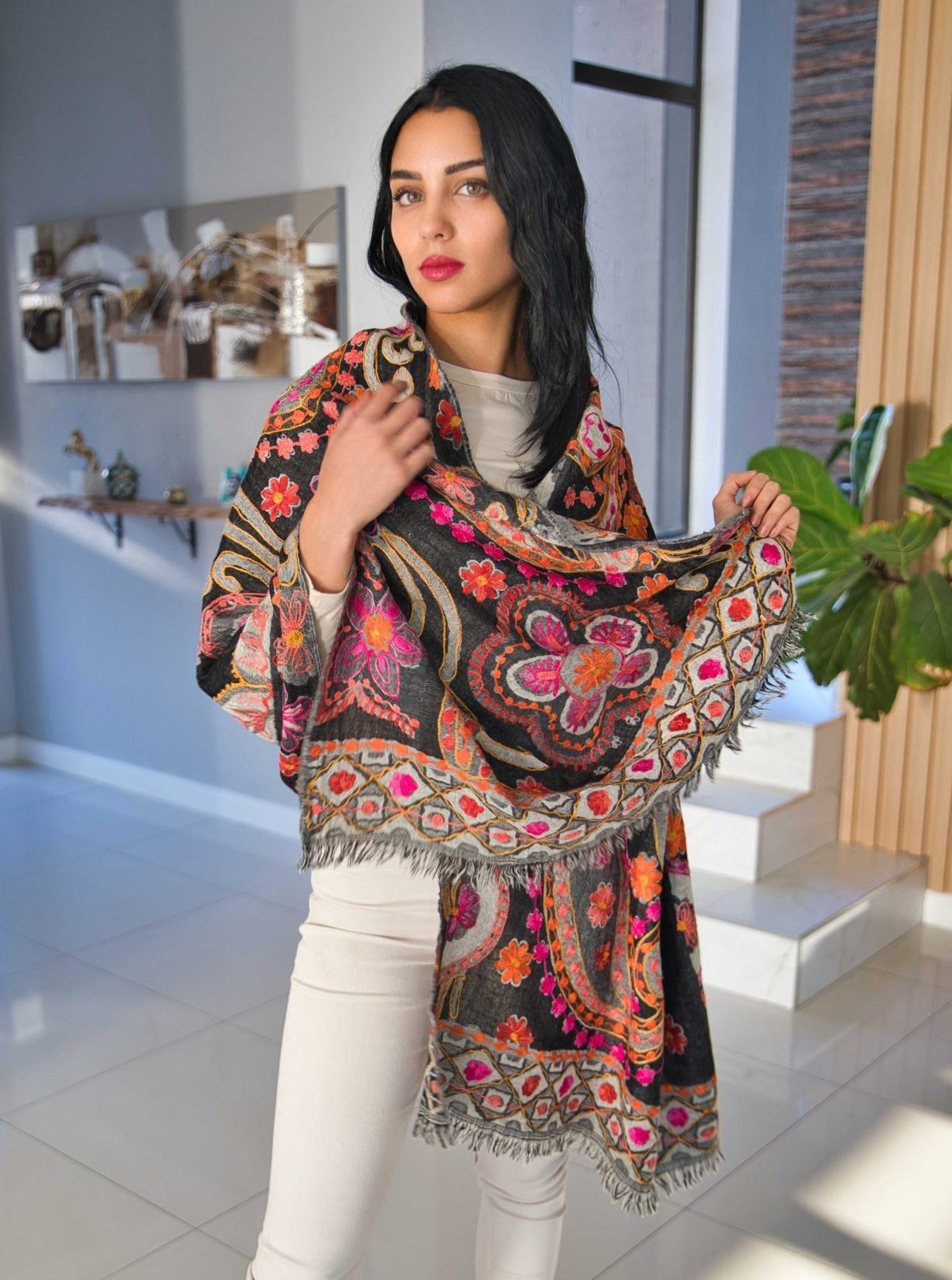 Luxury Wool Wrap with Textured Aari Embroidery