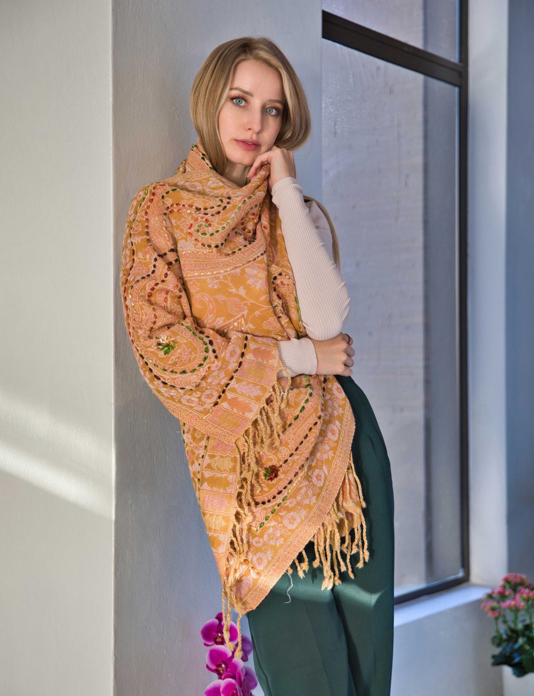 Thick Merino Wool Scarf With Embroidery - Image 3