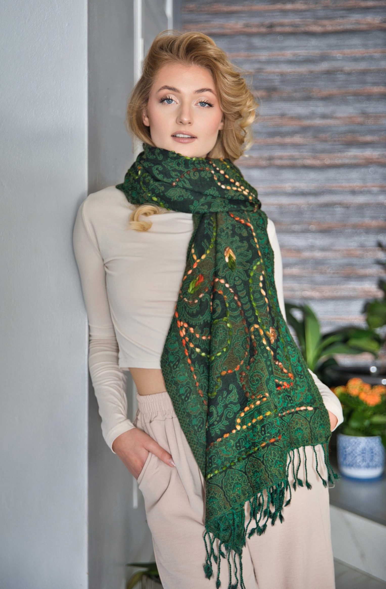 Thick Merino Wool Scarf With Embroidery