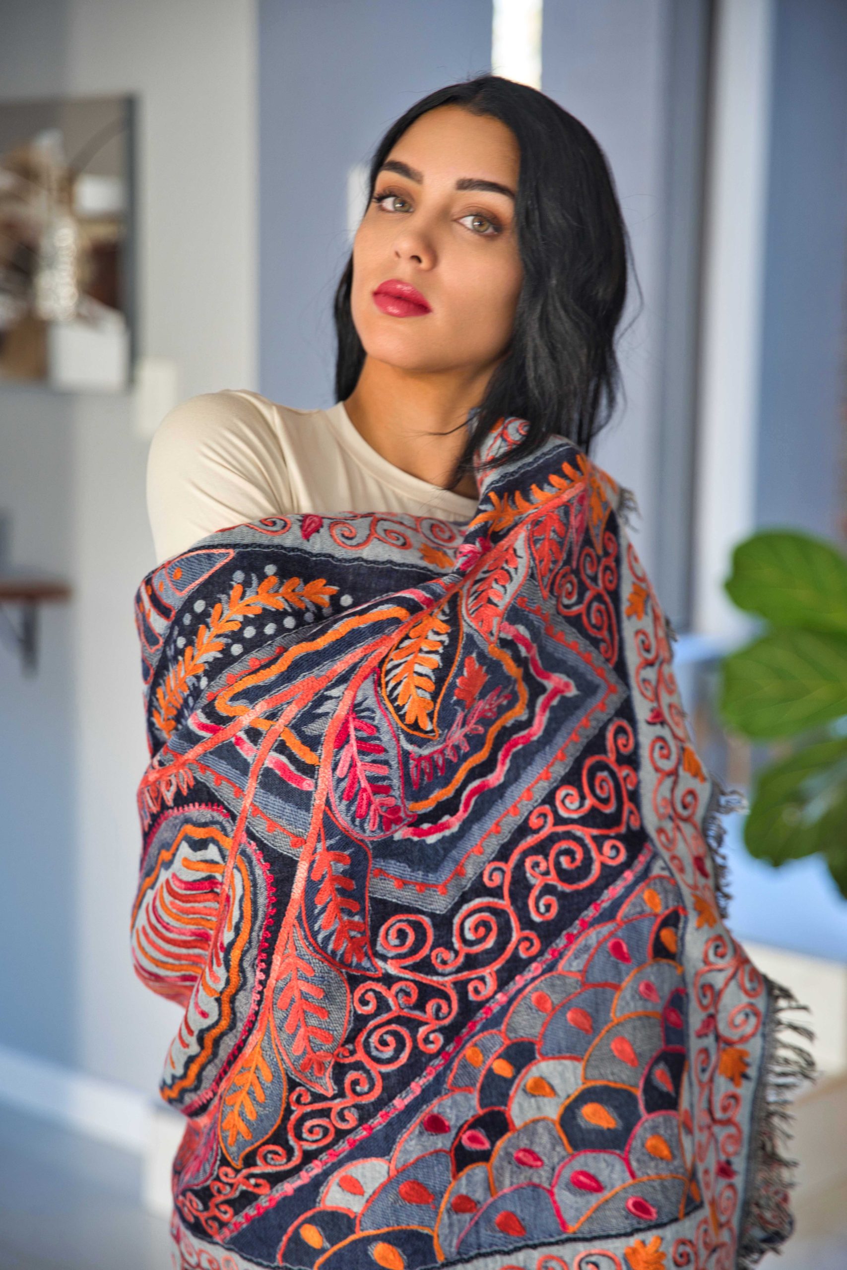Luxury Wool Wrap with Textured Aari Embroidery - Image 7
