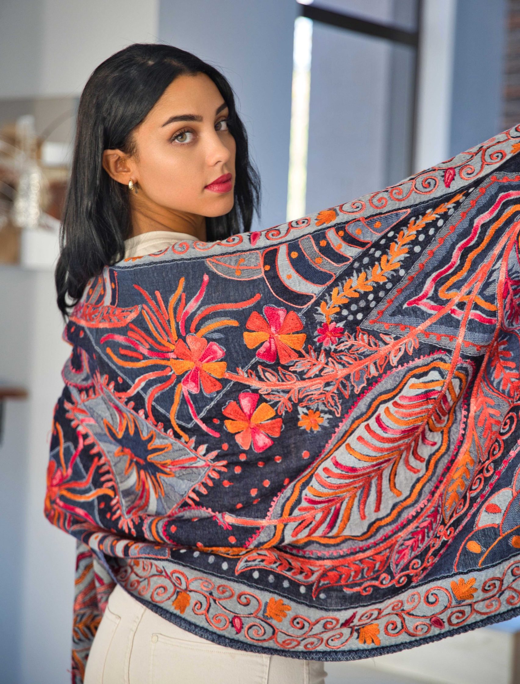 Luxury Wool Wrap with Textured Aari Embroidery