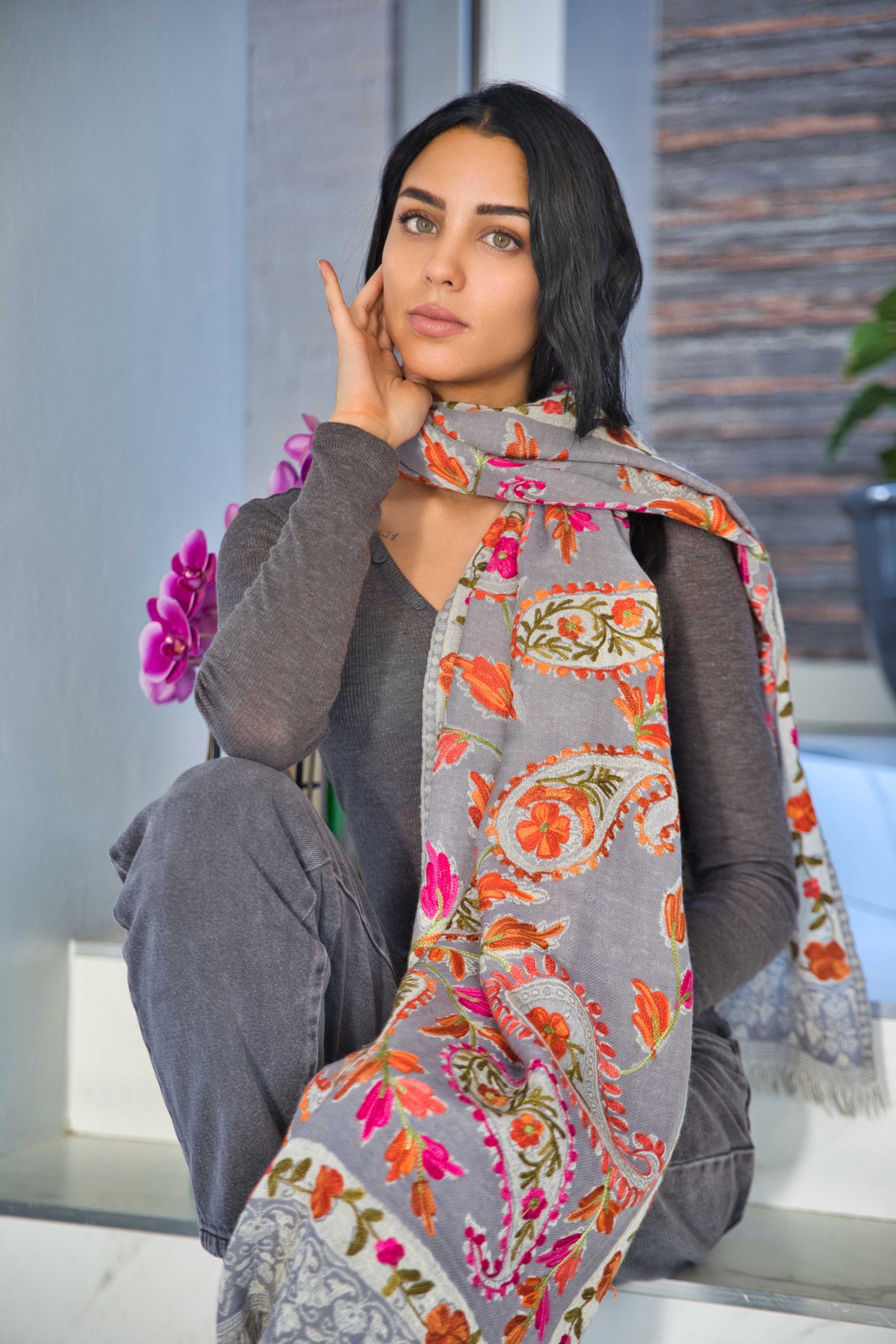 Luxury Wool Wrap with Textured Aari Embroidery