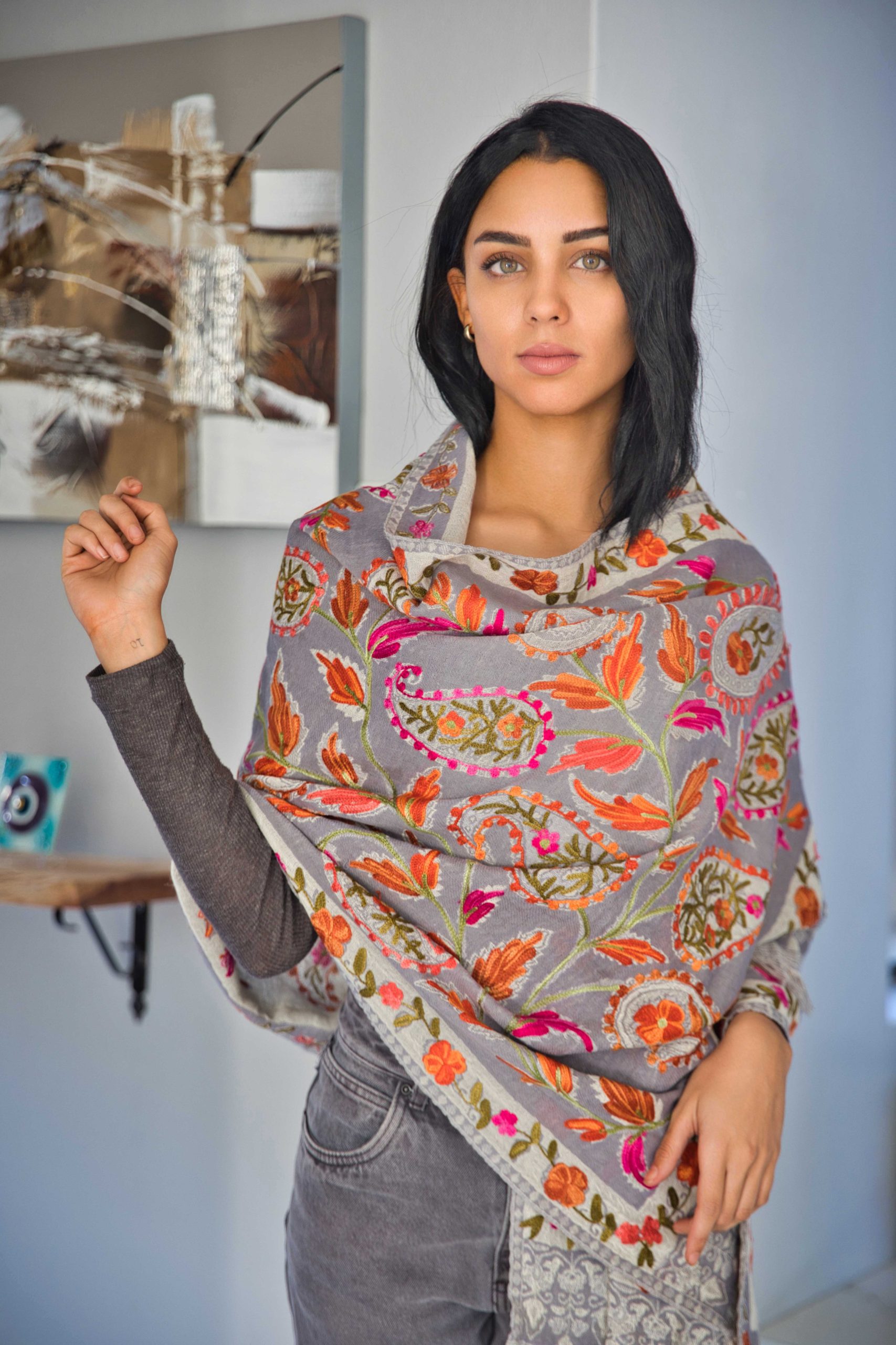 Luxury Wool Wrap with Textured Aari Embroidery - Image 4