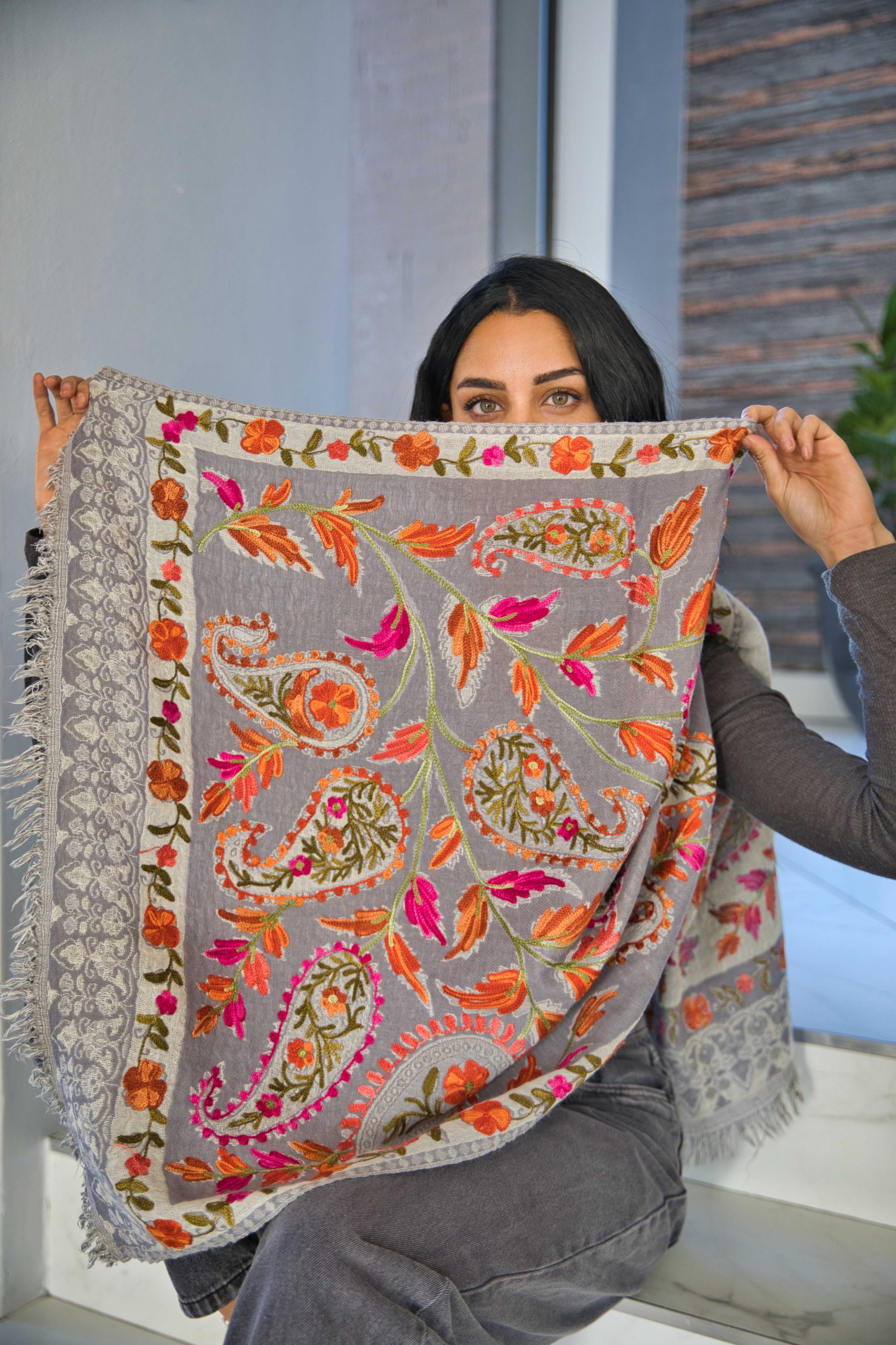 Luxury Wool Wrap with Textured Aari Embroidery - Image 2